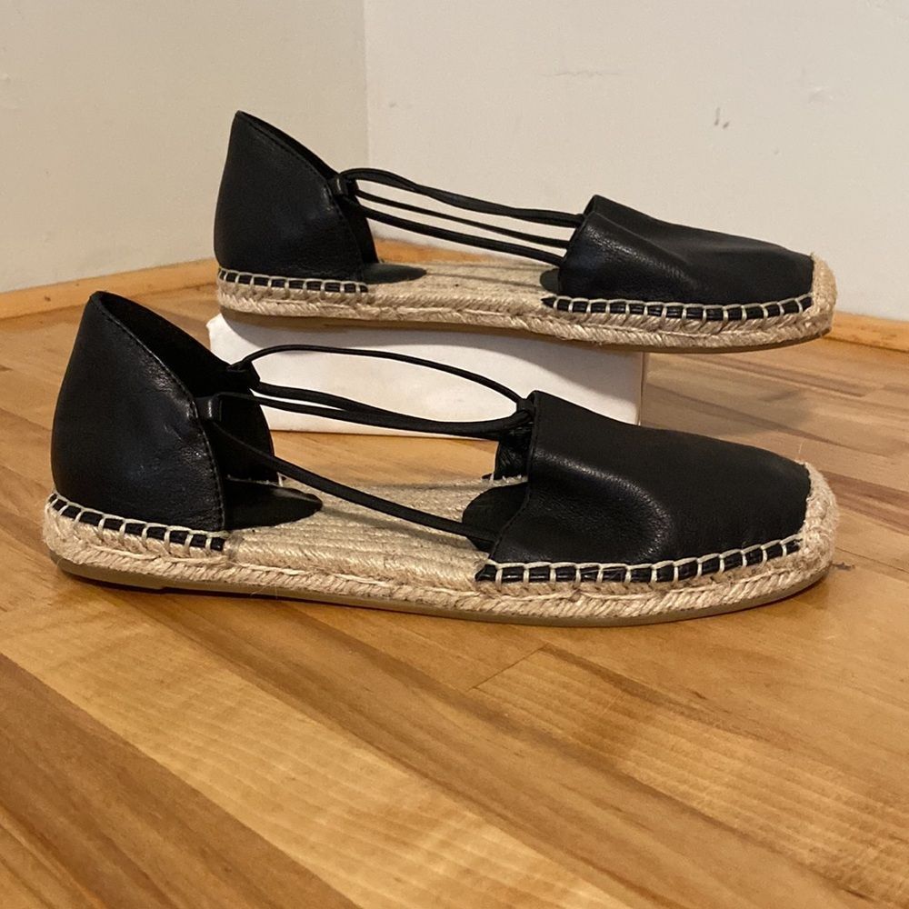Eileen Fisher Black Lee d'Orsay Flat Leather Espadrille Sandals Size 7